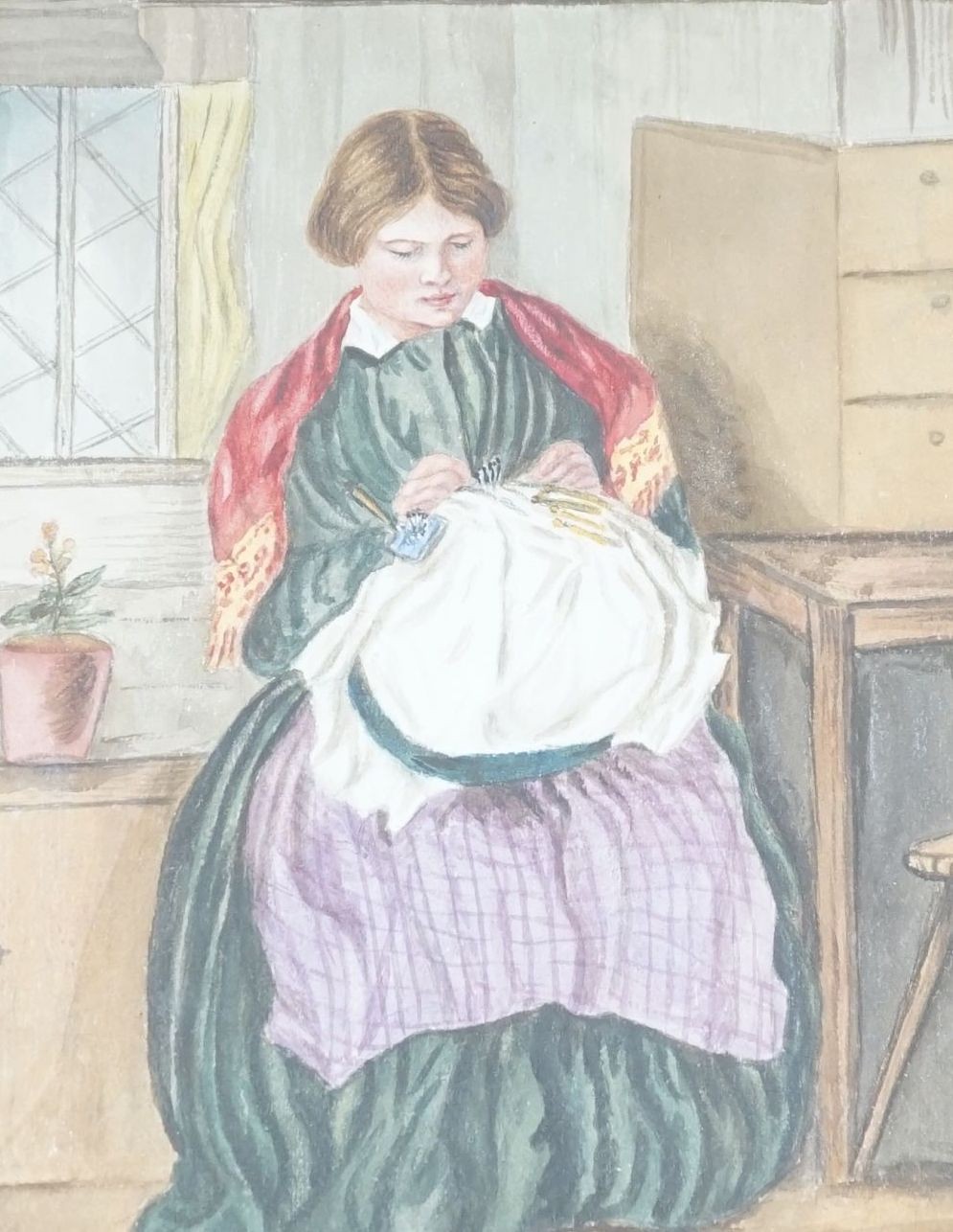 English School, watercolour, Interior with woman sewing, 29 x 22cm